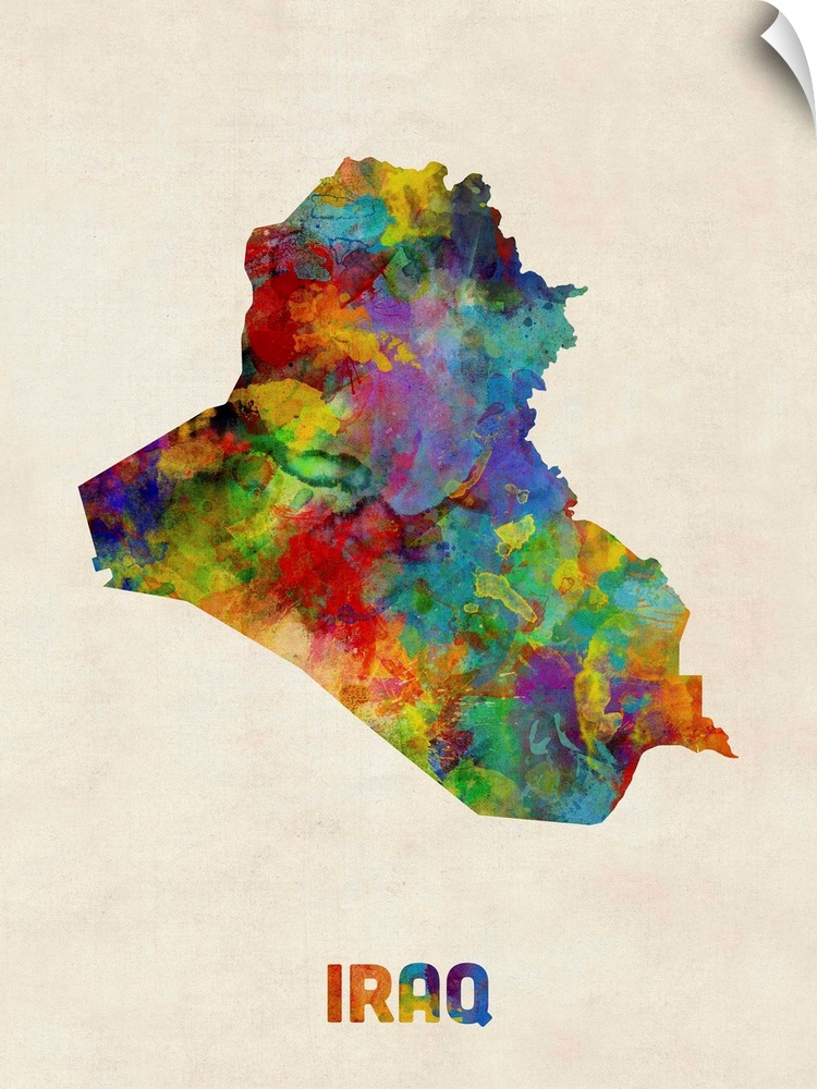 A watercolor map of Iraq