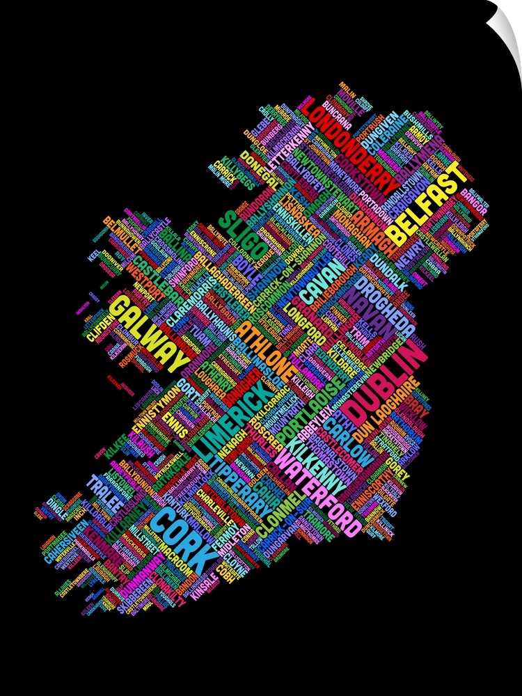 Contemporary piece of artwork of a map of Ireland made up of the names of text.