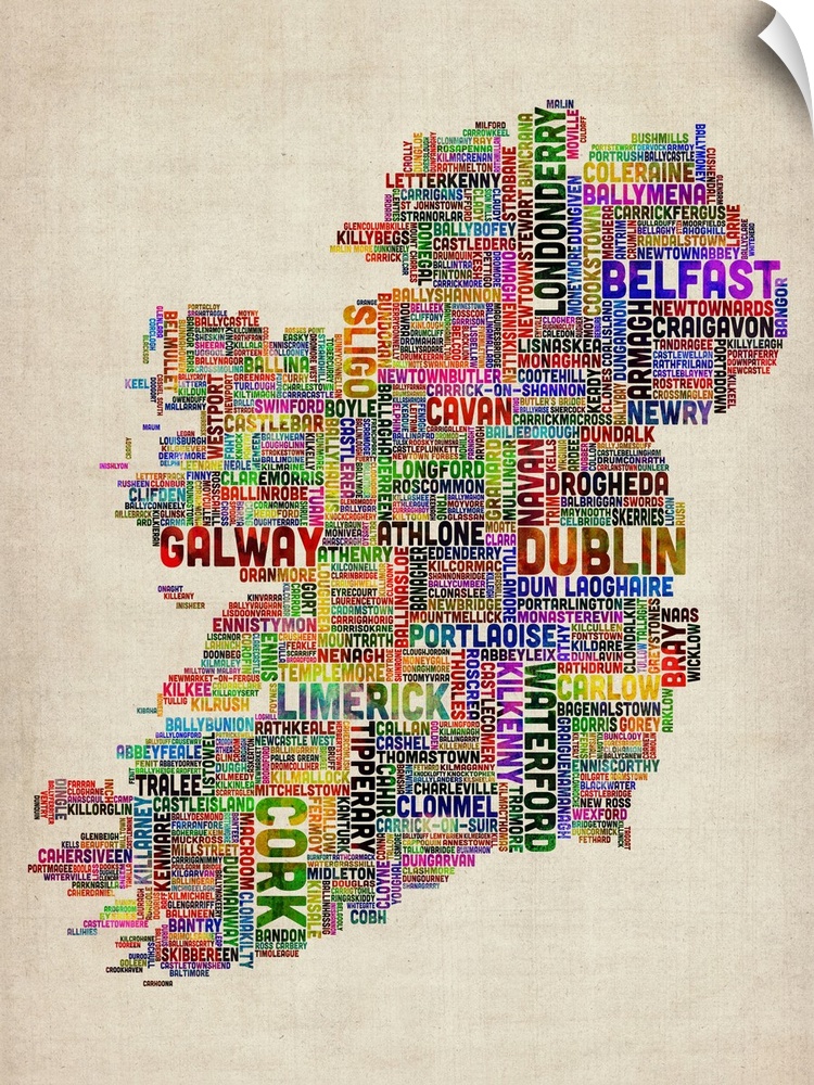 Vertical, big canvas art of Ireland, composed of city names in multiple, bright colors, on a parchment background.
