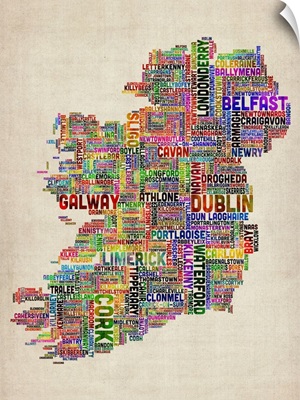 Irish Cities Text Map, Multicolor on Parchment