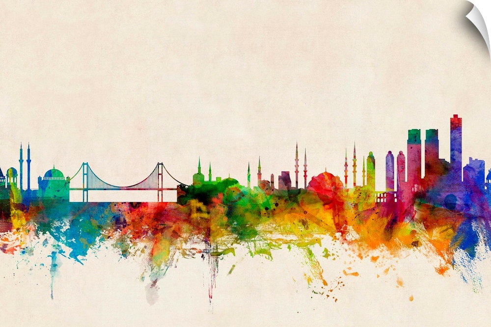 Contemporary piece of artwork of the Istanbul skyline made of colorful paint splashes.