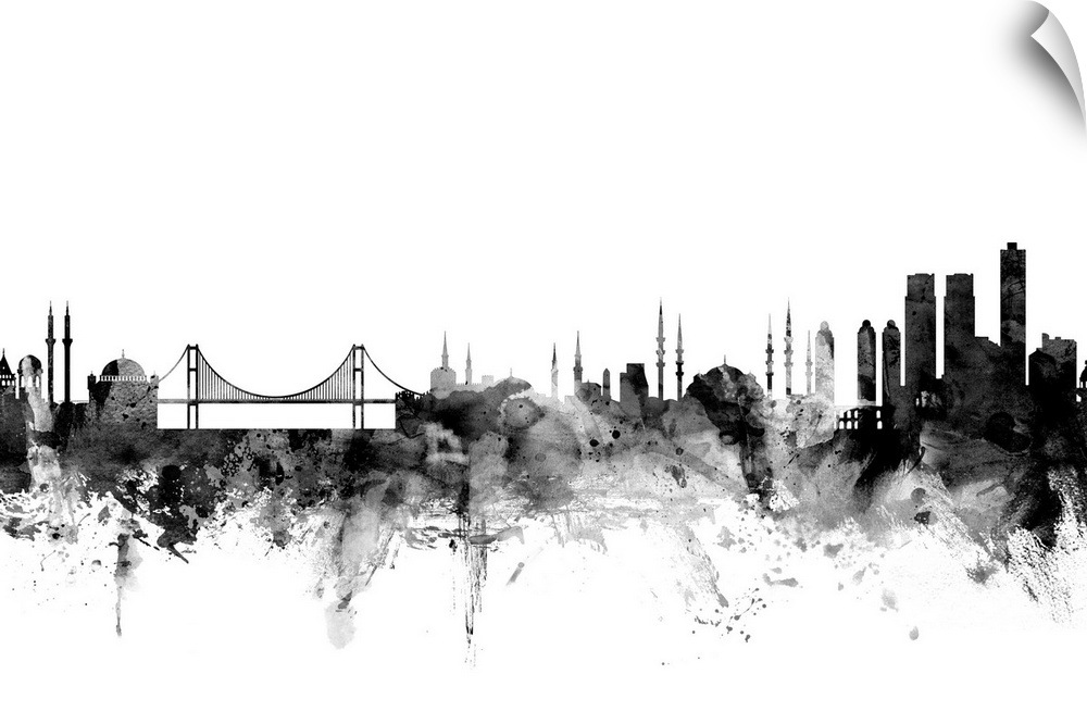 Contemporary artwork of the Istanbul city skyline in black watercolor paint splashes.