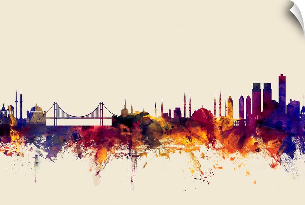 Dark watercolor splattered silhouette of the Istanbul city skyline.