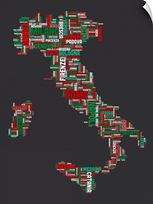 Italian Cities Text Map, Italian Colors on Grey