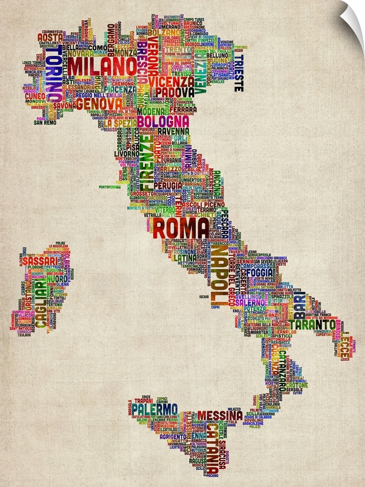 Typography art depicting the country of Italy composed completely out of the names of cities in a wide range of colors.