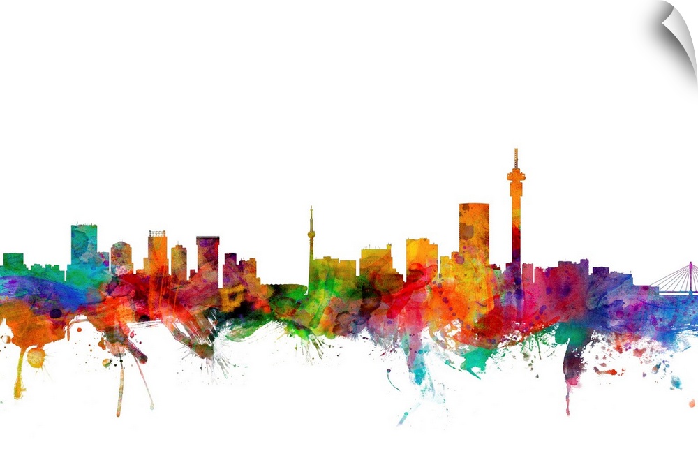 Watercolor artwork of the Johannesburg skyline against a white background.