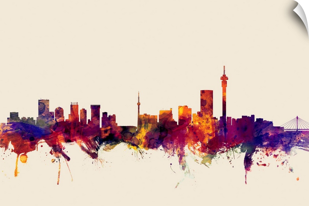 Contemporary artwork of the Johannesburg city skyline in watercolor paint splashes.