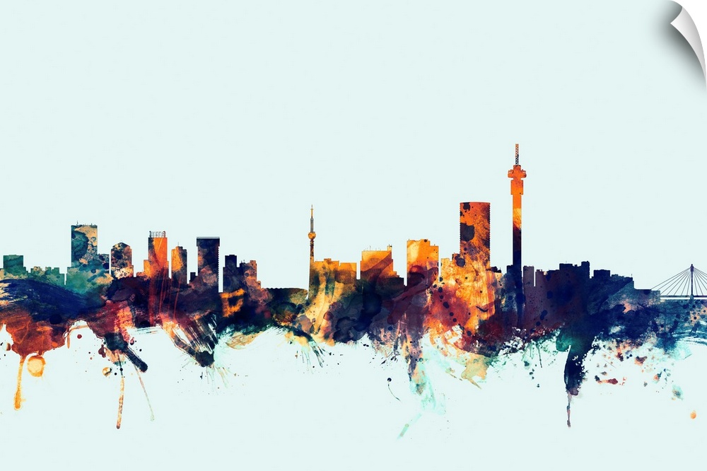 Dark watercolor silhouette of the Johannesburg city skyline against a light blue background.