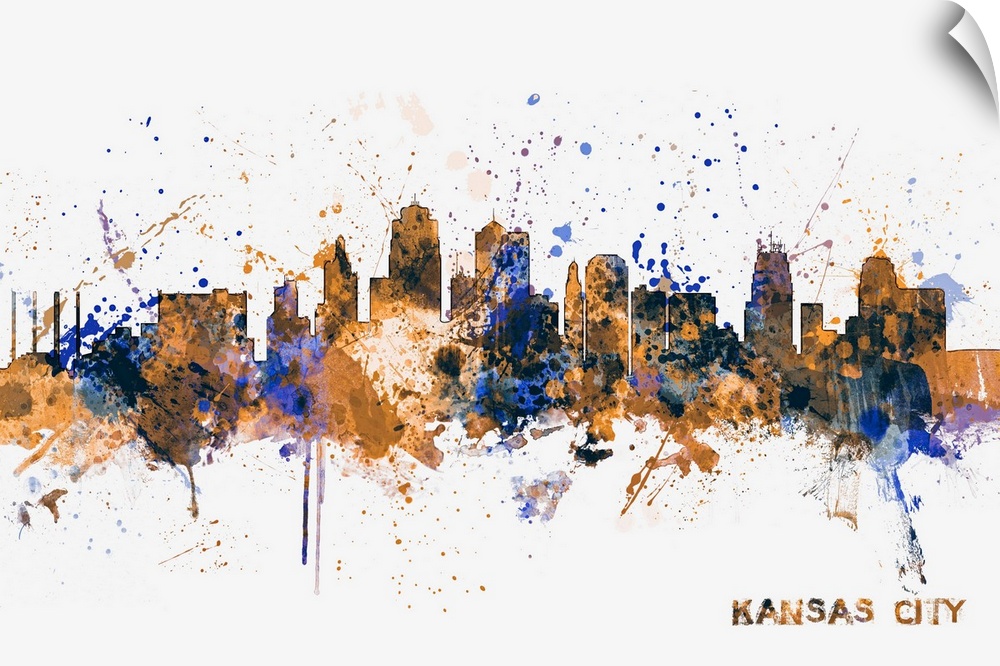 Contemporary piece of artwork of the Kansas City skyline made of colorful paint splashes.
