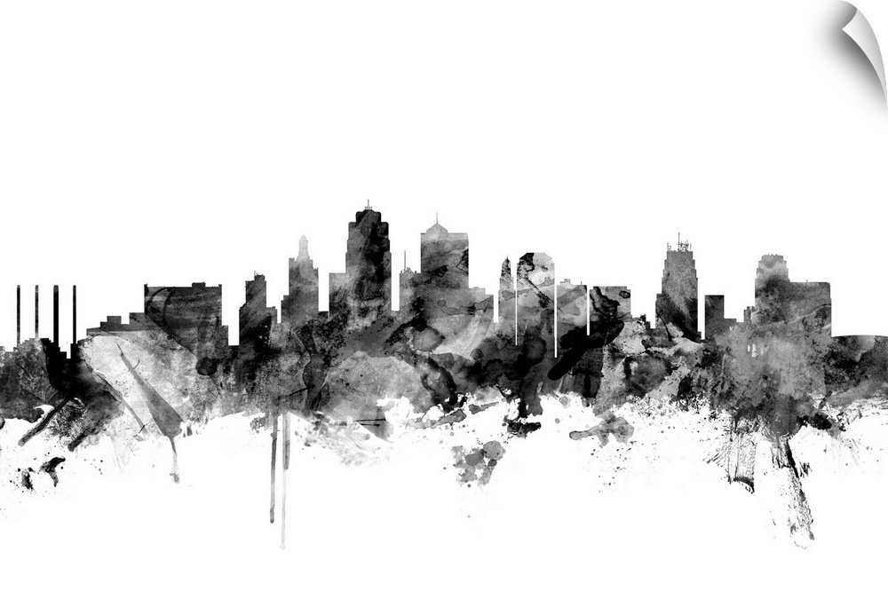 Contemporary artwork of the Kansas City skyline in black watercolor paint splashes.