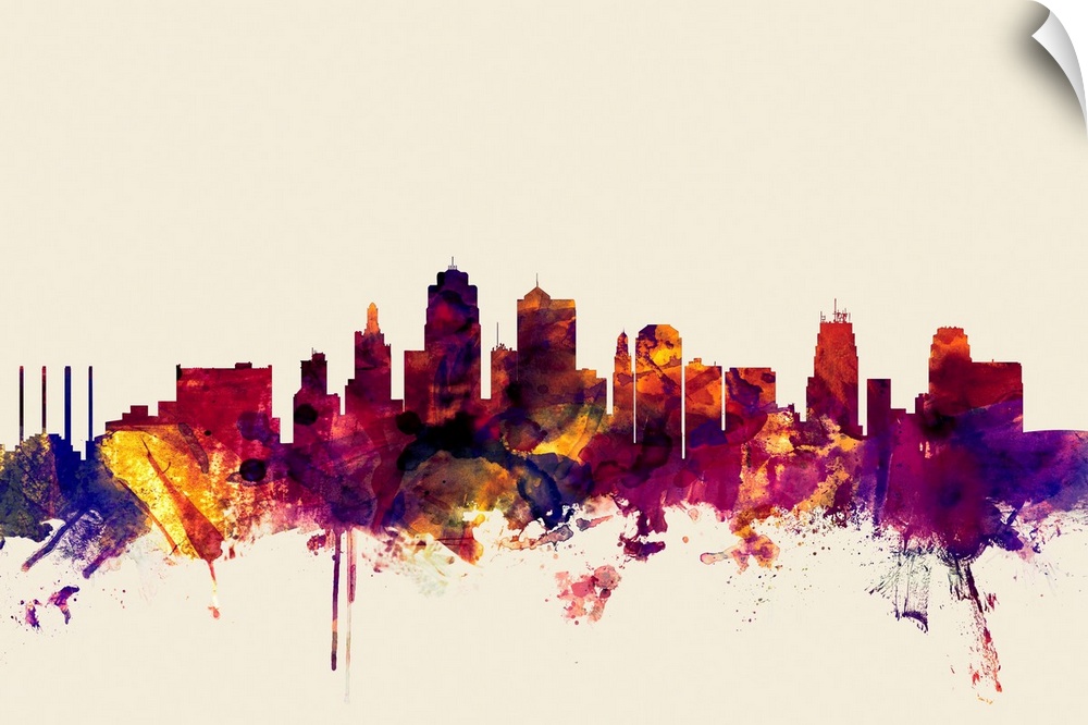 Contemporary artwork of the Kansas City skyline in watercolor paint splashes.