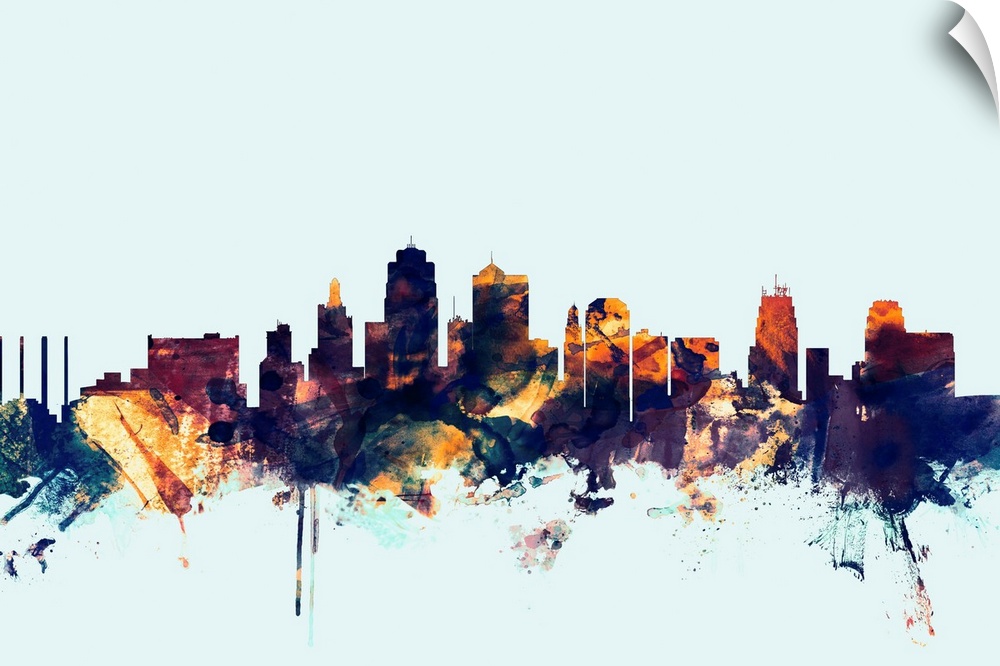 Dark watercolor silhouette of the Kansas city skyline against a light blue background.