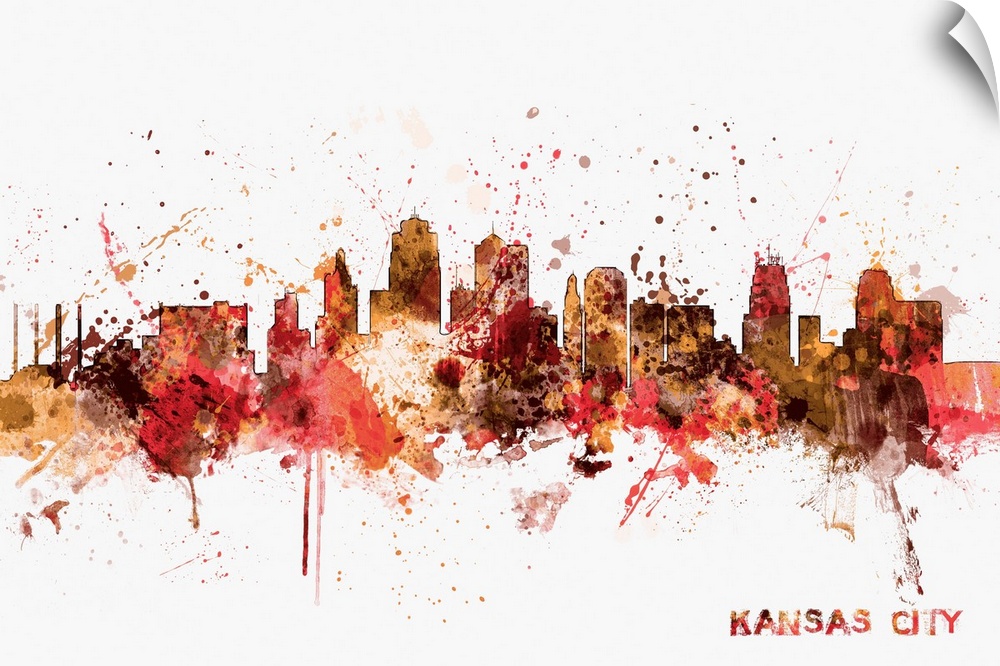 Watercolor and paint splashes art print of the skyline of Kansas City, Missouri, United States.