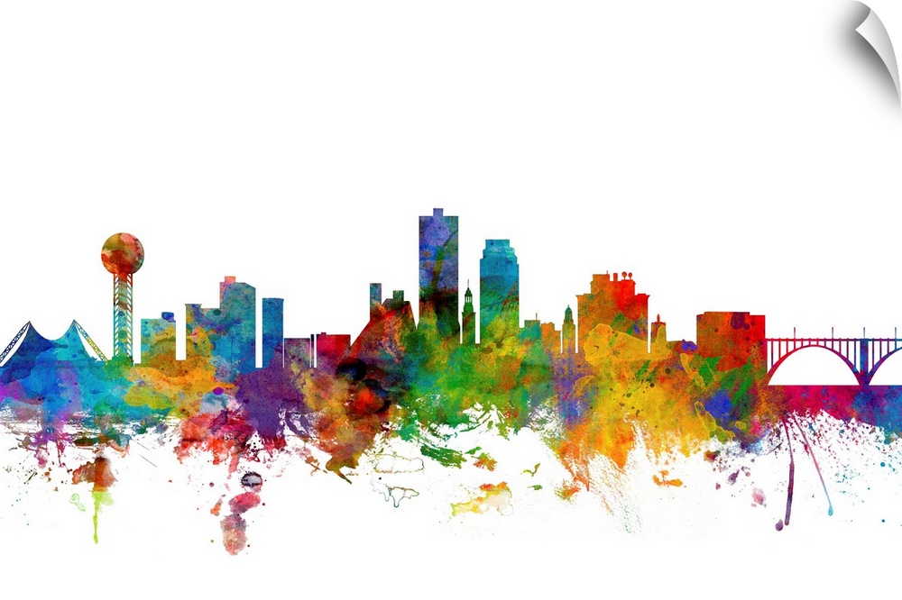 Colorful watercolor splattered silhouetted of the Knoxville city skyline.