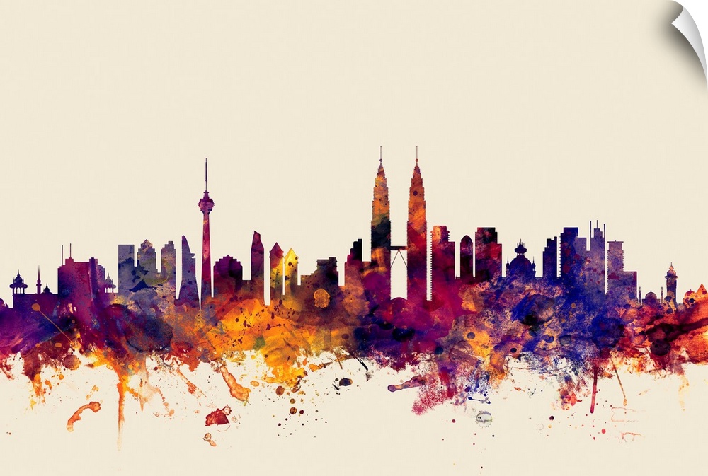 Contemporary artwork of the Kuala Lumpur city skyline in watercolor paint splashes.