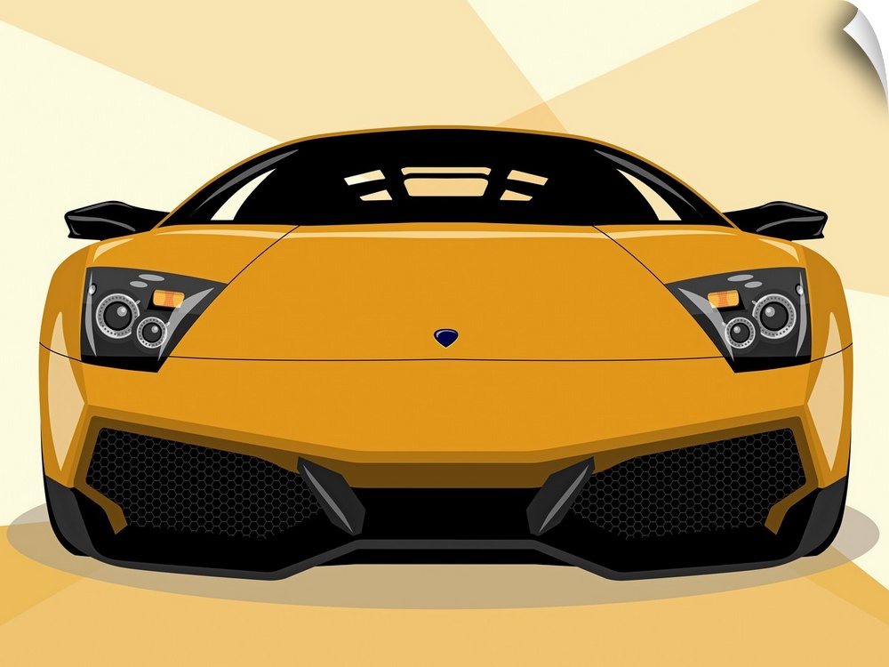 Digital pop art design of a Lamborghini Murcielago LP670 sports car seen from the front.