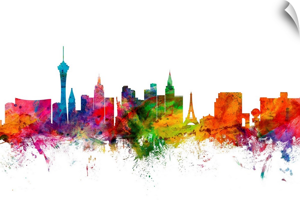 Watercolor artwork of the Las Vegas skyline against a white background.