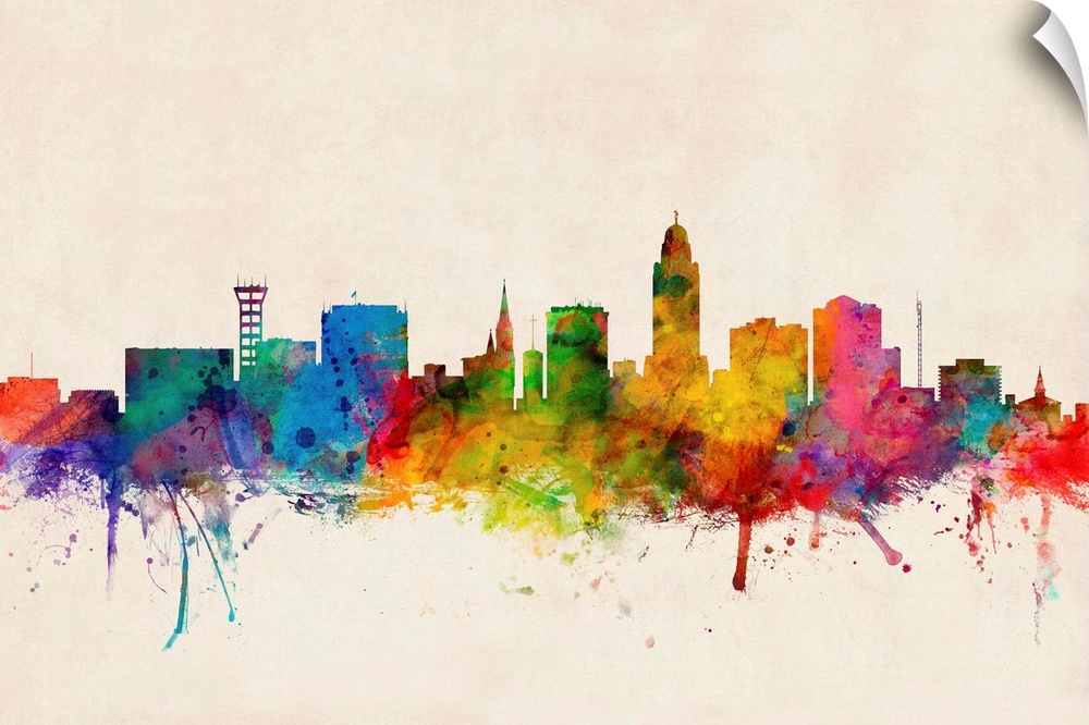 Contemporary piece of artwork of the Lincoln skyline made of colorful paint splashes.