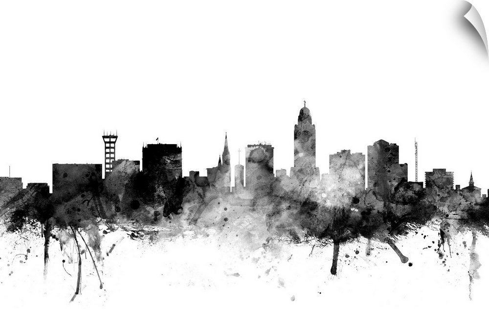 Smokey dark watercolor silhouette of the Lincoln city skyline.