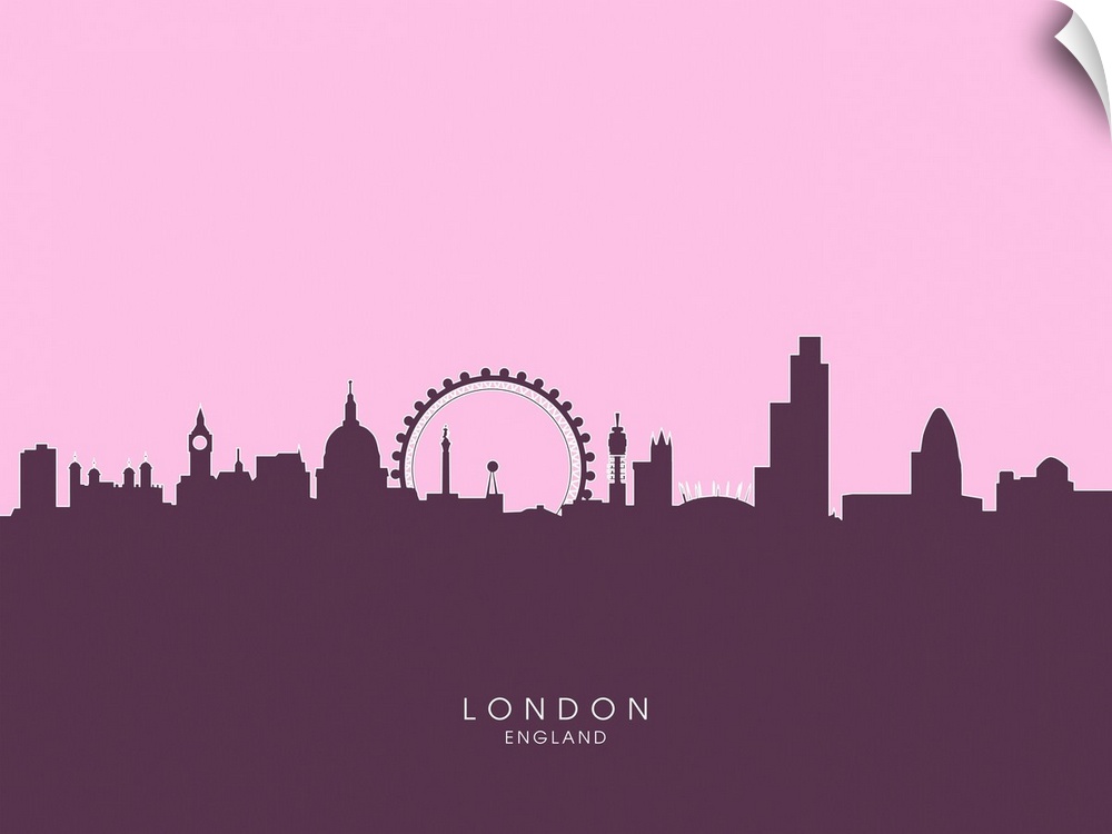 Contemporary artwork of the London skyline silhouetted in purple.