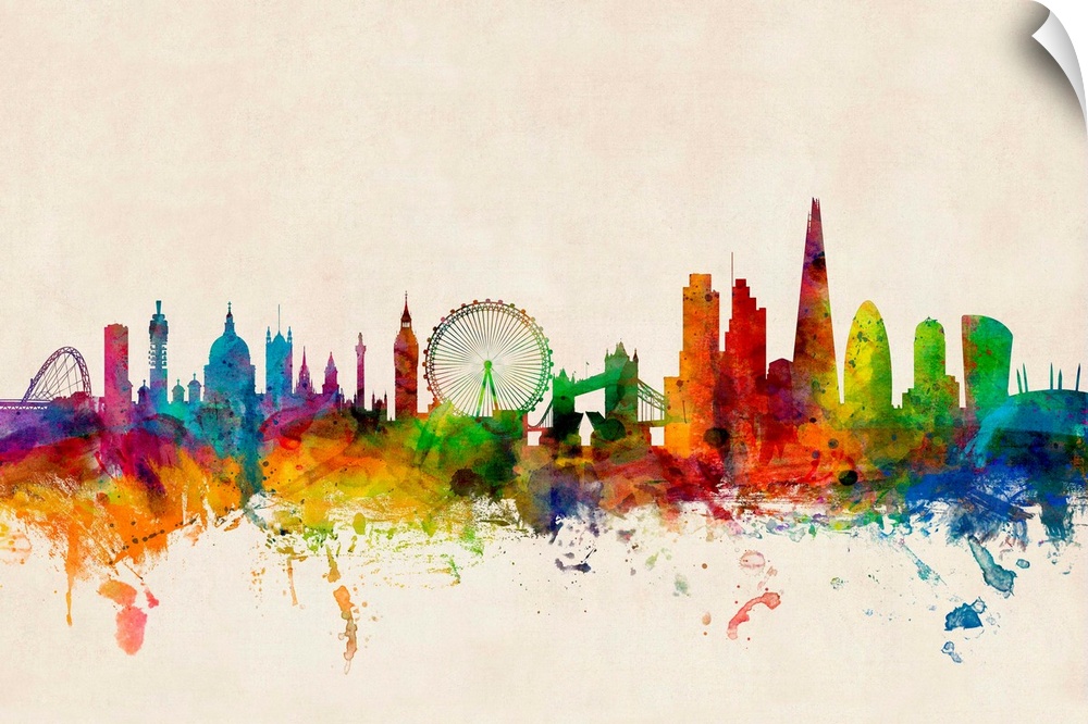 Contemporary piece of artwork of the London, England skyline made of colorful paint splashes.