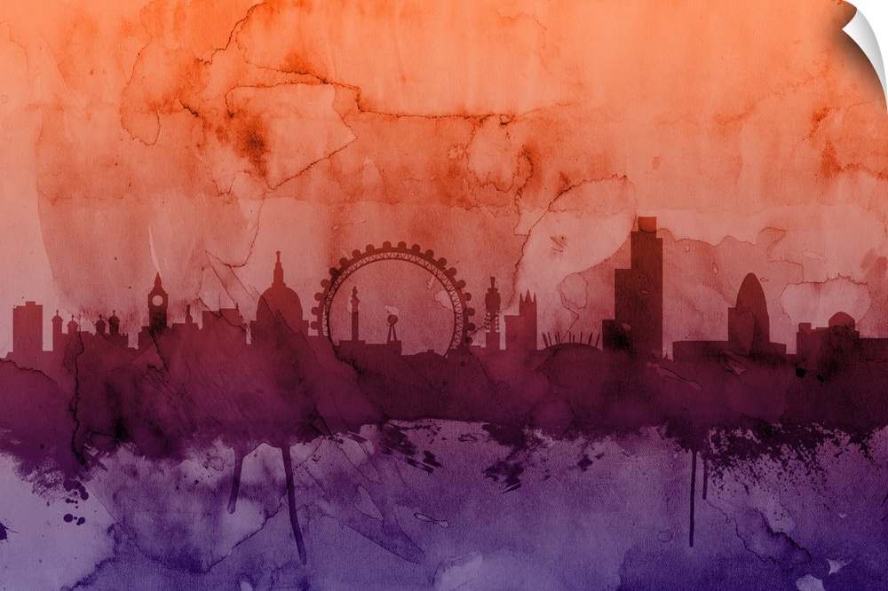 Contemporary artwork of the London skyline silhouetted in dark orange and purple watercolors.