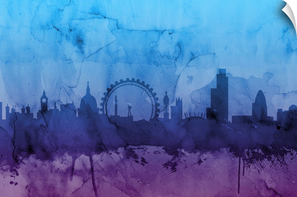 Contemporary artwork of the London skyline silhouetted in dark blue and purple watercolors.
