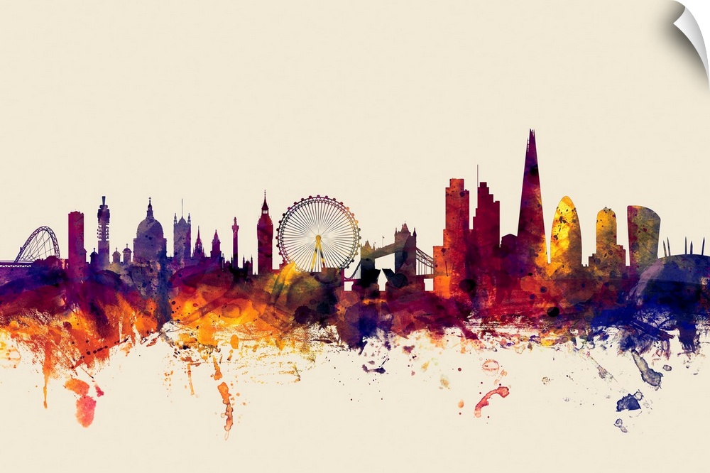 Watercolor artwork of the London skyline against a beige background.