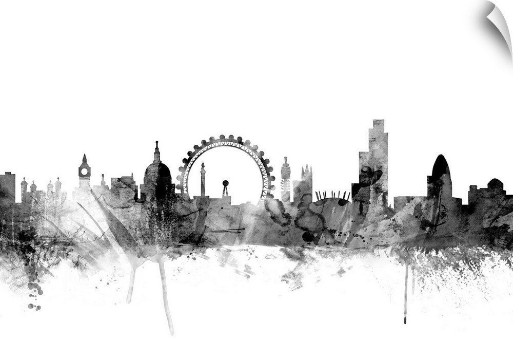 Contemporary artwork of the London city skyline in black watercolor paint splashes.