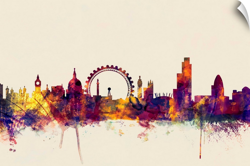 Contemporary artwork of the London city skyline in watercolor paint splashes.