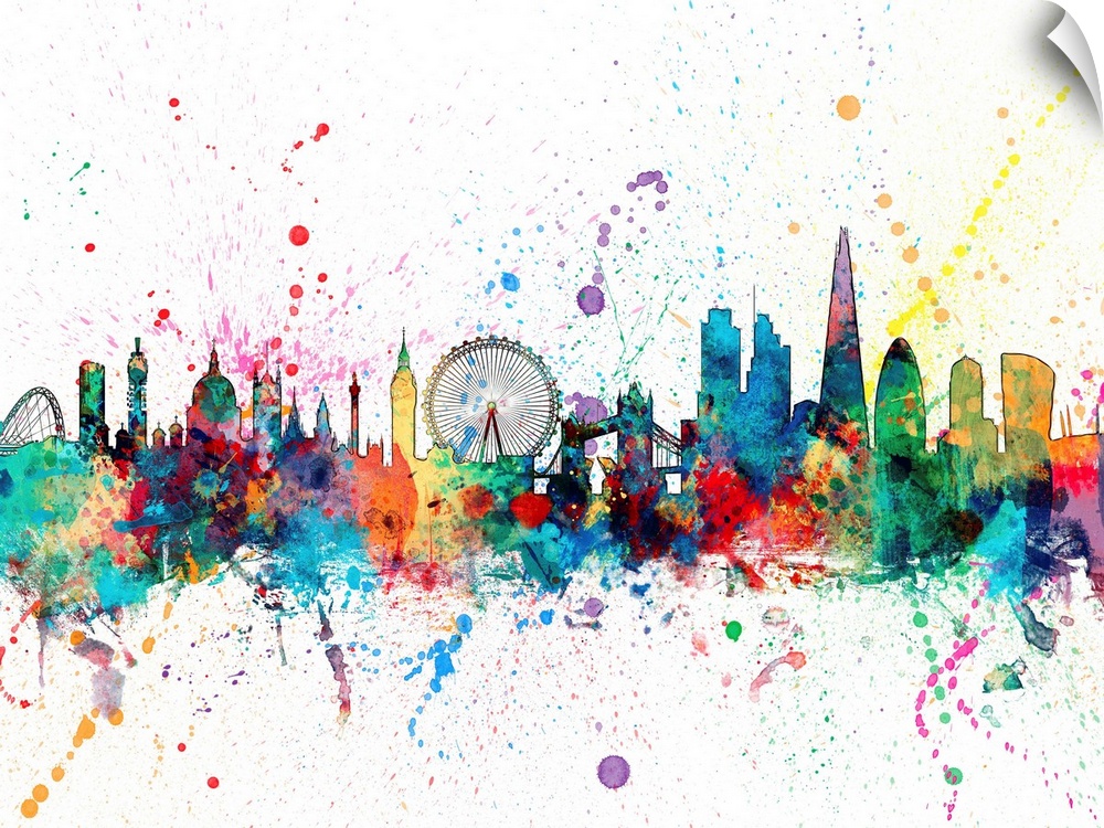 Wild and vibrant paint splatter silhouette of the London skyline.