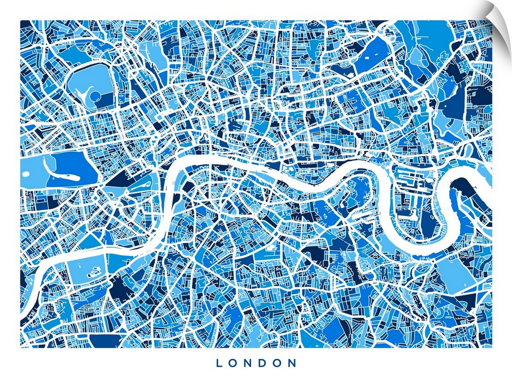 Contemporary artwork of a map of the city streets of London in blue tones.