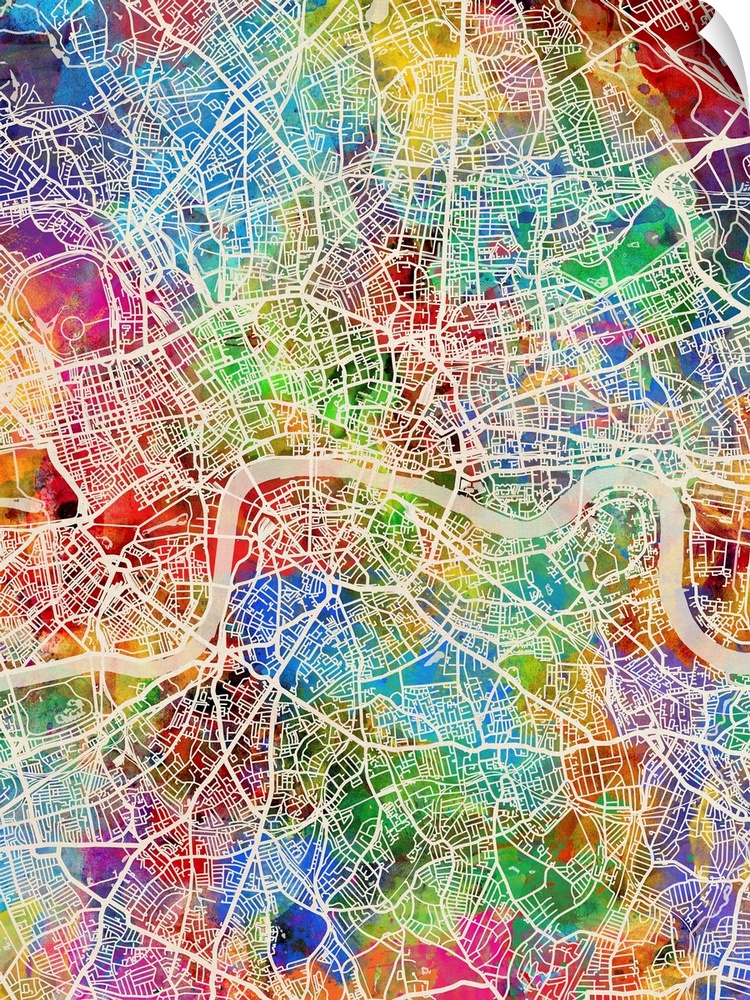 A watercolor street map of London, England