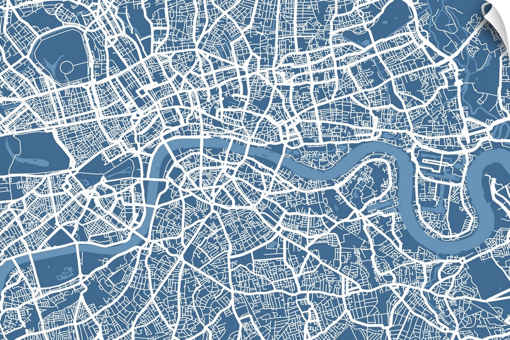 A big map of London showing the network of roads, streets and waterways on canvas.