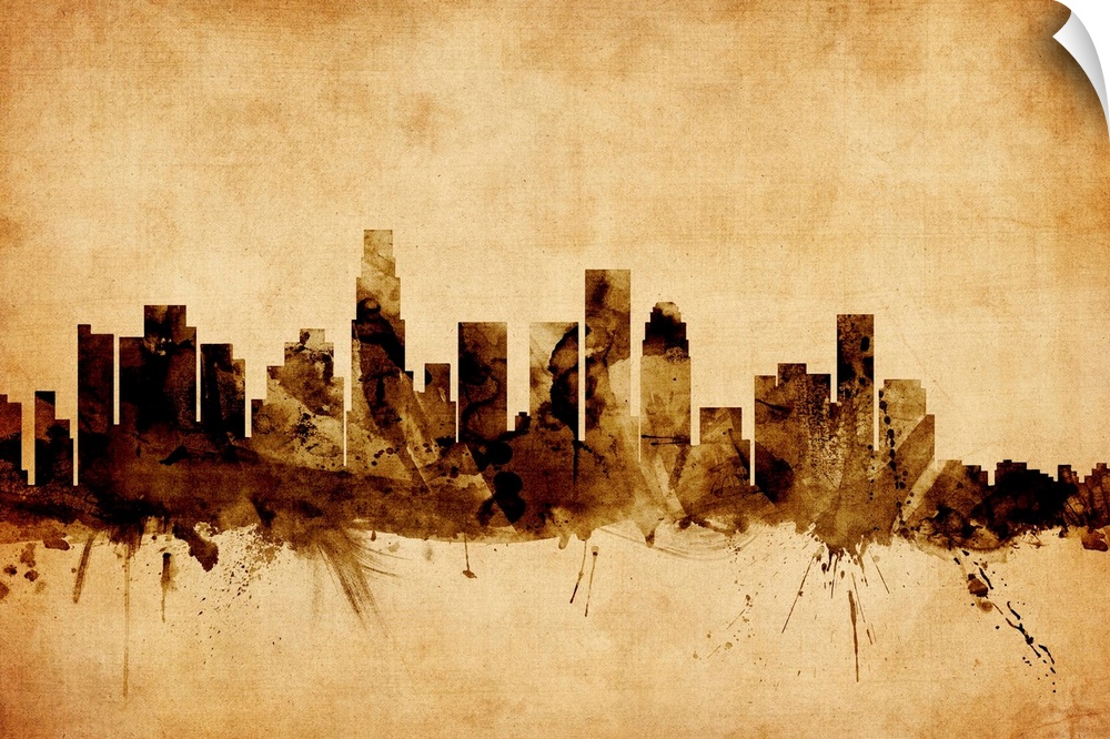 Contemporary artwork of the Los Angeles city skyline in a vintage distressed look.