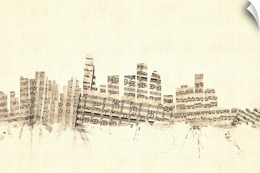 Los Angeles skyline made of sheet music against a weathered beige background.