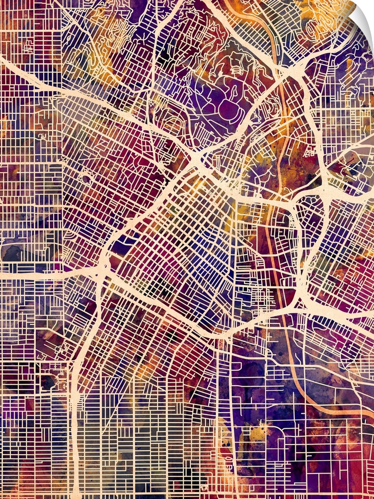 A watercolor street map of Los Angeles, California, United States.