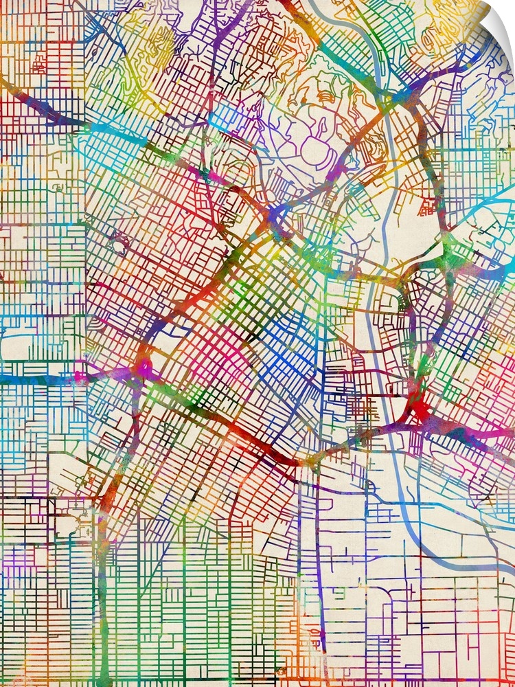 A watercolor street map of Los Angeles, California, United States.