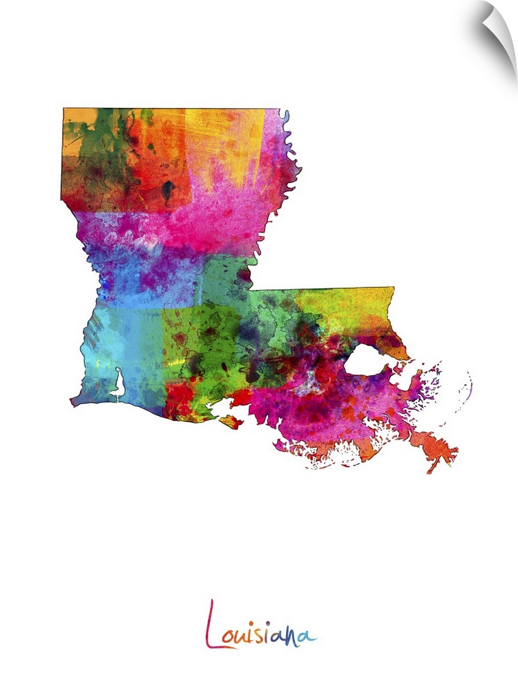 Contemporary artwork of a map of Louisiana made of colorful paint splashes.