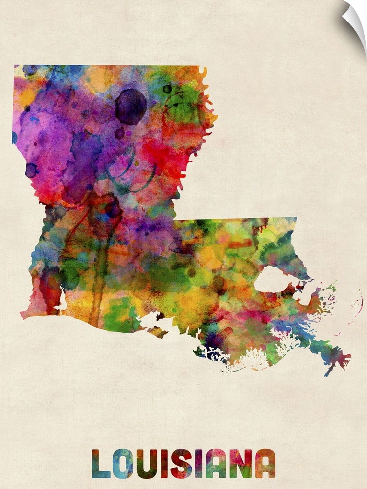 Contemporary piece of artwork of a map of Louisiana made up of watercolor splashes.