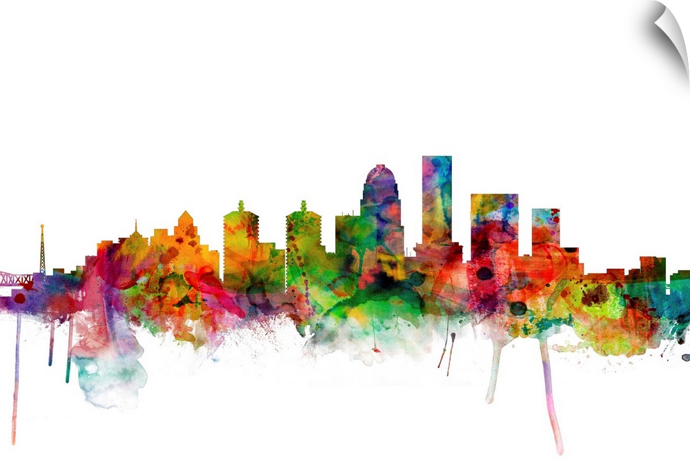 Colorful watercolor splattered silhouetted of the Louisville city skyline.