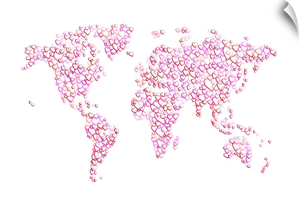 Map of the World made from overlapping pink and red semi-transparent outlined hearts, on a white background