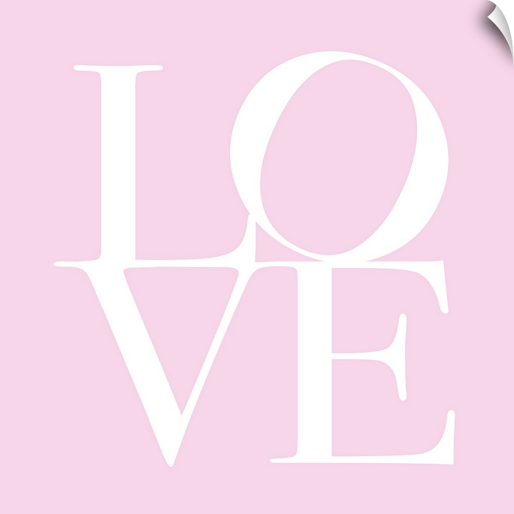 Oversized, square, contemporary art  of the word "LOVE" written against a pink background. The word is split in half, with...