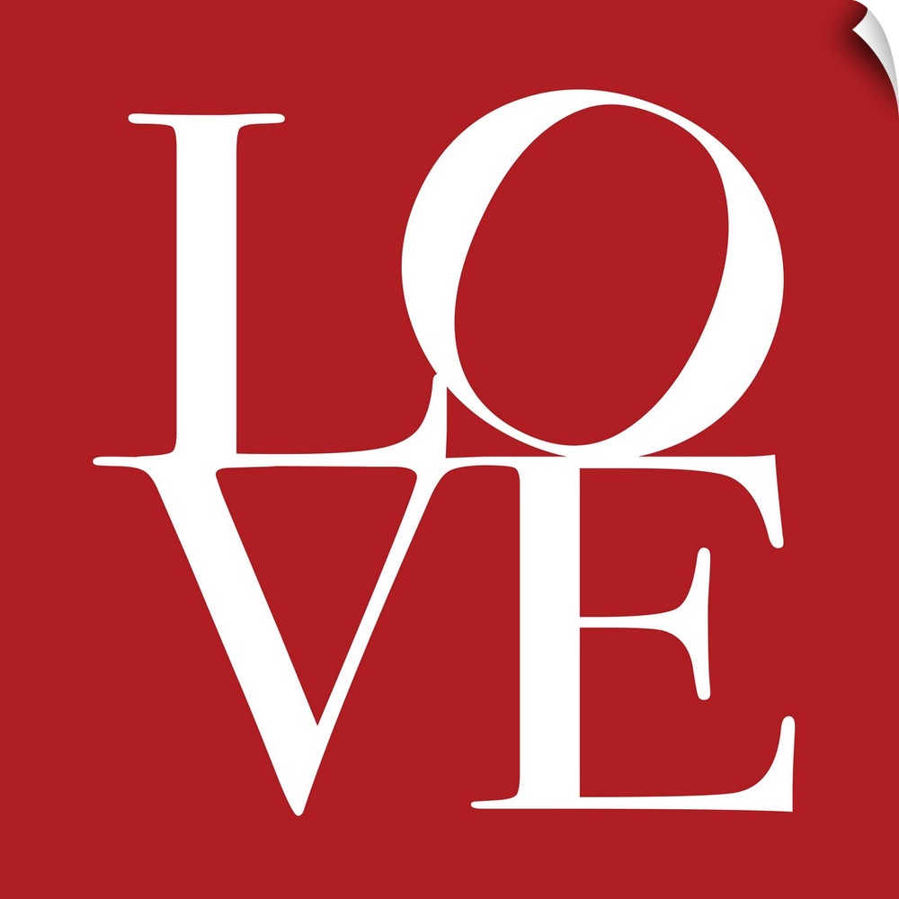 Square art on a large canvas of the word "LOVE" with a tilted "O",  written against a solid red background.