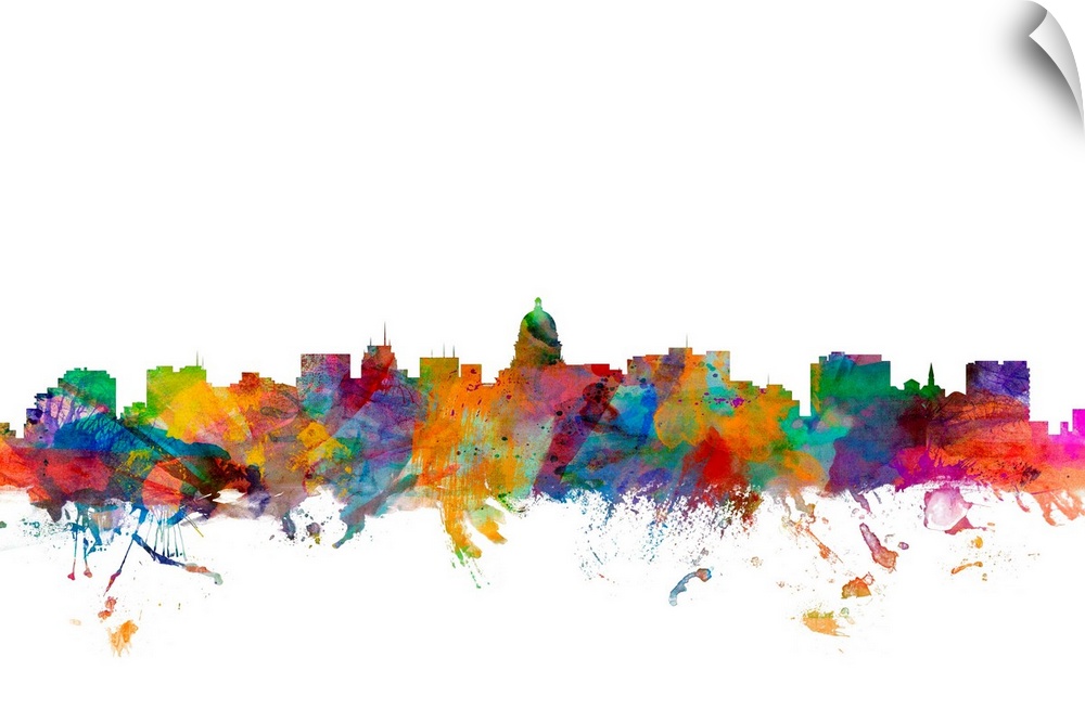 Watercolor artwork of the Madison skyline against a white background.
