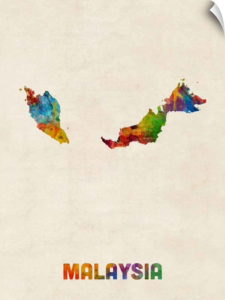 A watercolor map of Malaysia.