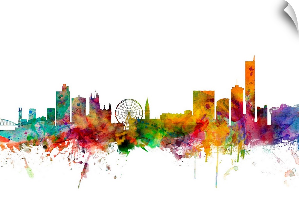 Contemporary piece of artwork of the Manchester skyline made of colorful paint splashes.