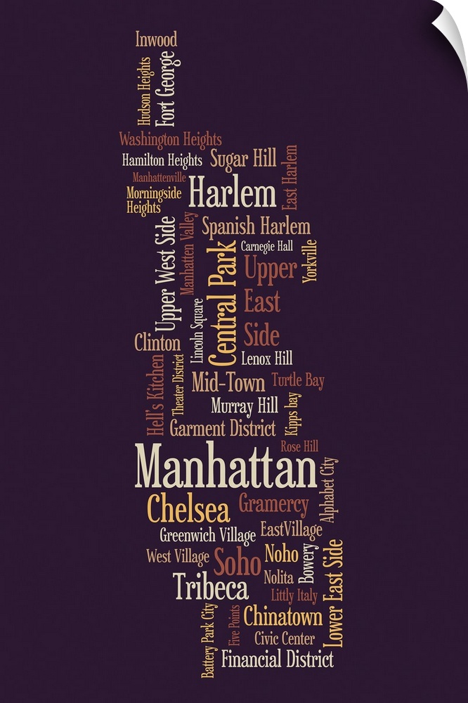 Contemporary artwork that uses words associated with NYC grouped together to form the outline of a skyscraper.