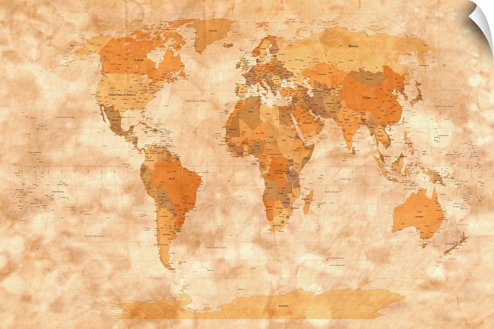 This decorative horizontal wall art is a scale and accurate political map of the world with and heavy antique textures app...
