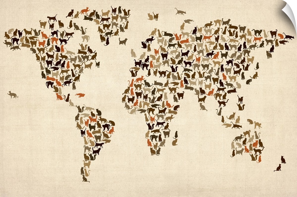 A digital art piece of a map of the world with cats bunched together to make the different continents.